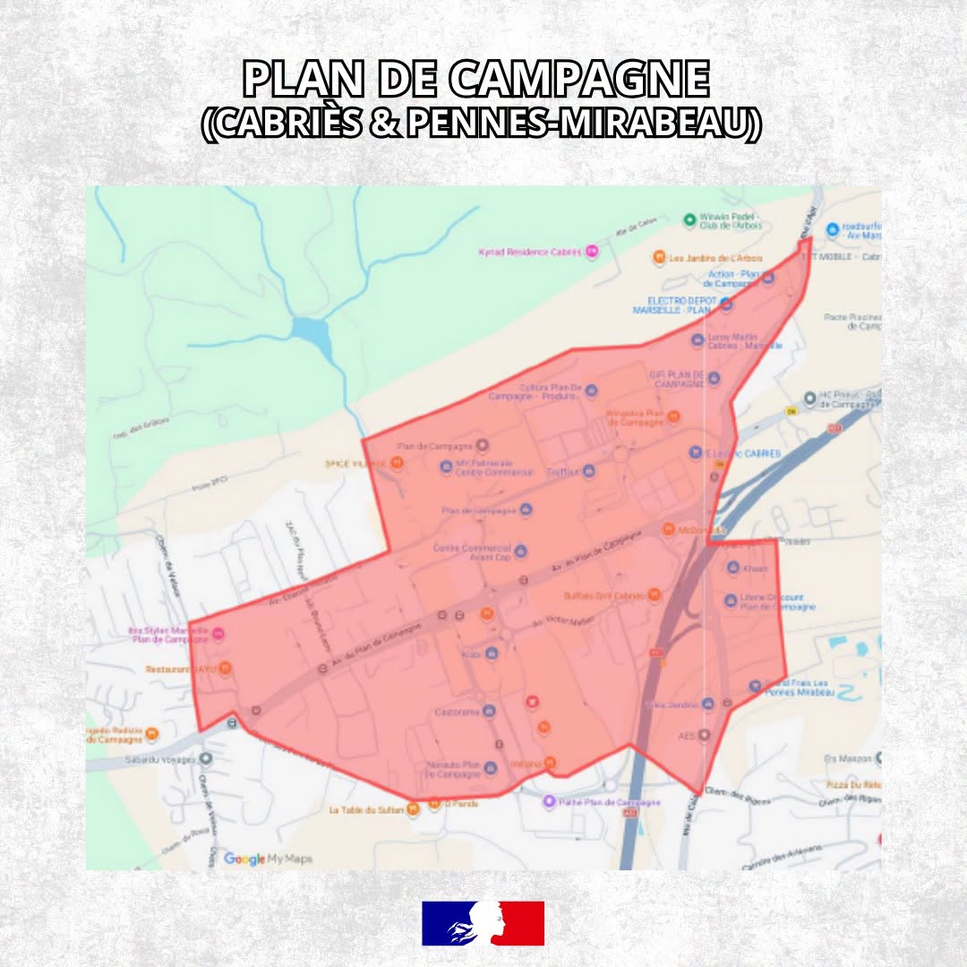 Carte du périmètre de couvre-feu – Plan de Campagne, Cabriès et Les Pennes-Mirabeau