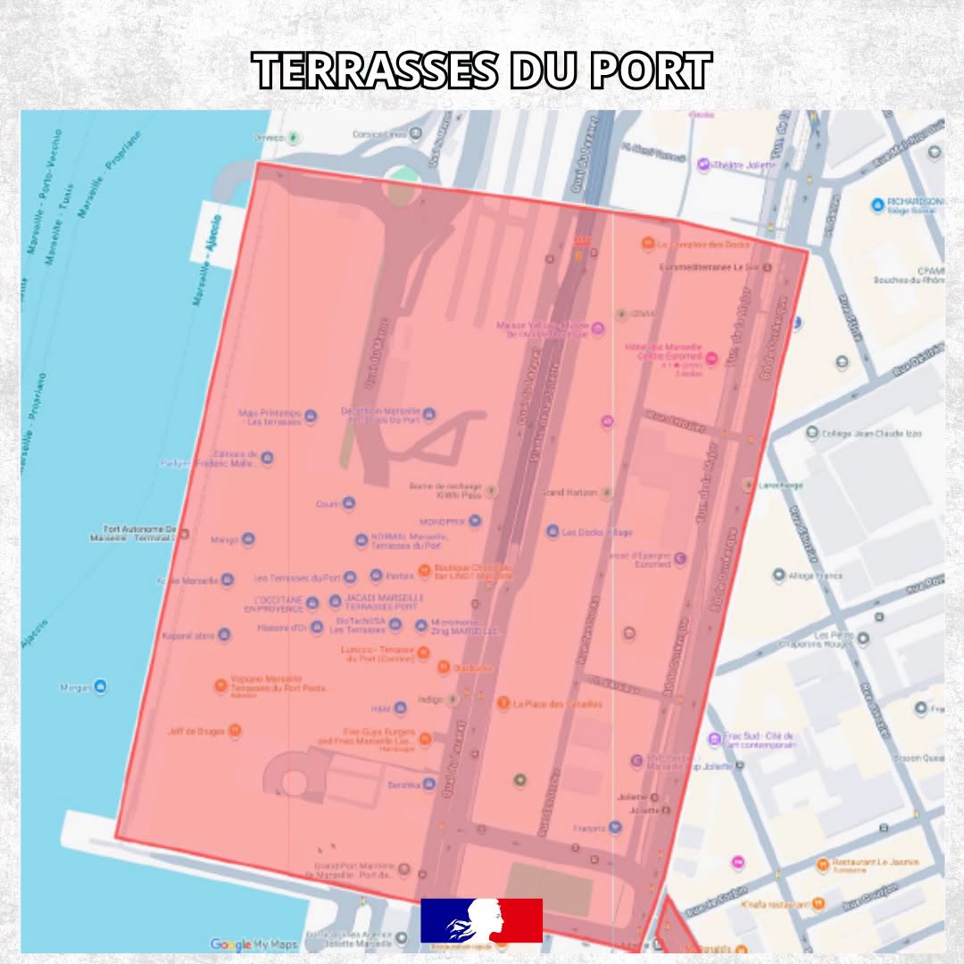 Carte du périmètre de couvre-feu – Les Terrasses du Port et Les Docks Village, Marseille