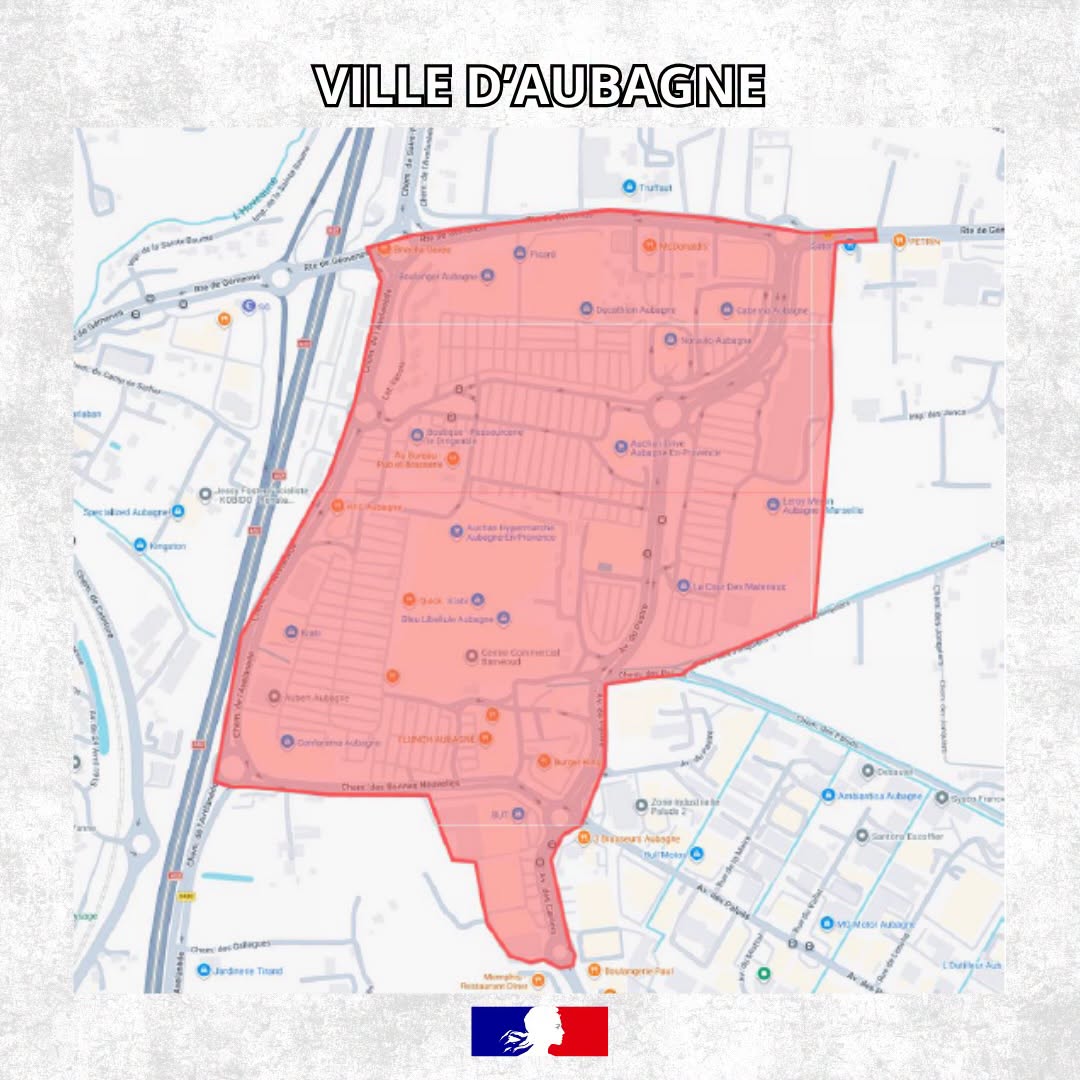 Carte du périmètre de couvre-feu – ville d’Aubagne et zone commerciale des Paluds